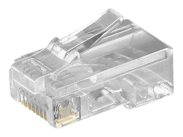 Nahaufnahme eines transparenten RJ45-Ethernet-Steckverbinders mit sichtbaren vergoldeten Kontaktstiften und Verriegelungslasche.