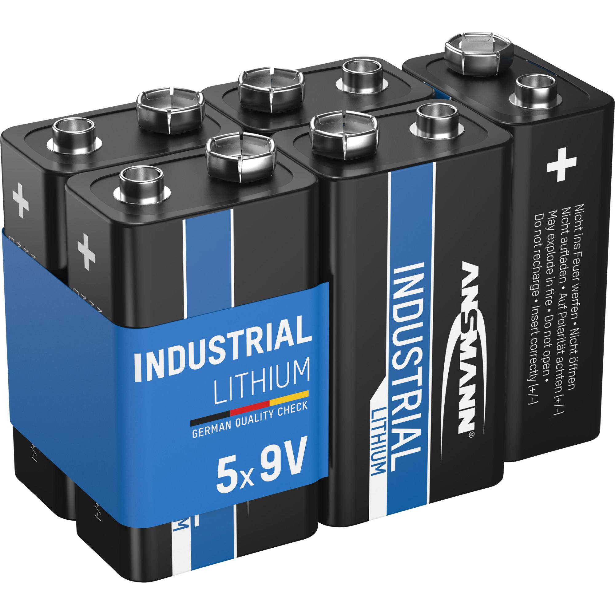 Stapel von industriellen Lithium-9V-Batterien mit schwarzer und blauer Ansmann-Markenverpackung mit Pluszeichen und Text „5x 9V