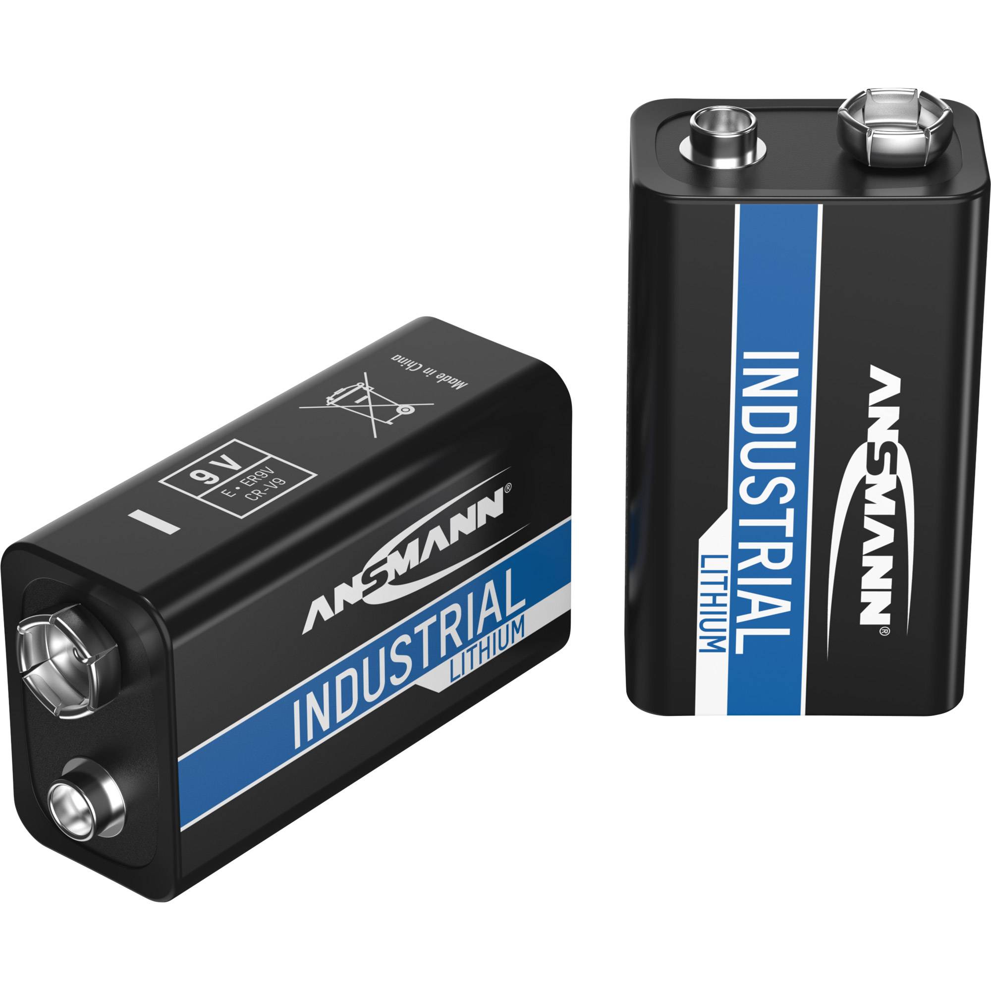 Zwei 9V ANSMANN Industrial Lithium-Batterien auf weißem Hintergrund gezeigt, eine liegt auf ihrer Seite und eine steht aufrecht.