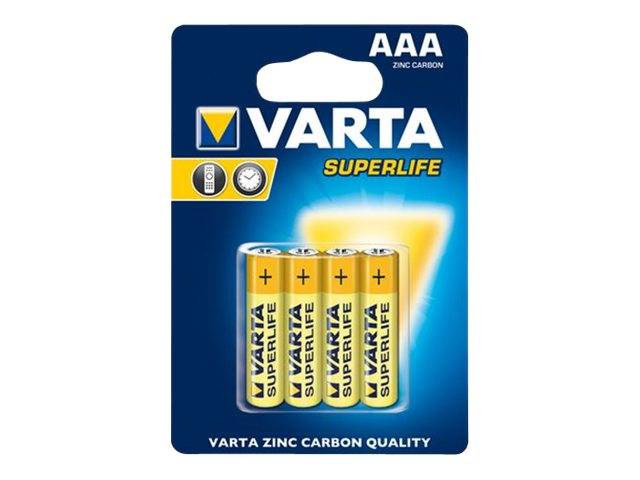 Packung mit vier Varta Superlife AAA Zink-Kohle-Batterien auf einer blauen Karte mit der Aufschrift 