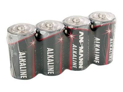 Vier AA-Alkalibatterien zusammen in einer Einzelhandelsverpackung mit Schrumpffolie verpackt.