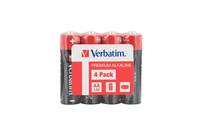 Packung mit vier Verbatim-AA-Alkalibatterien in roter und schwarzer Verpackung.