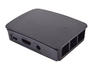 Schwarzes Raspberry Pi-Gehäuse mit passendem Deckel, zeigt vordere Anschlüsse und seitliche Belüftungsöffnungen.