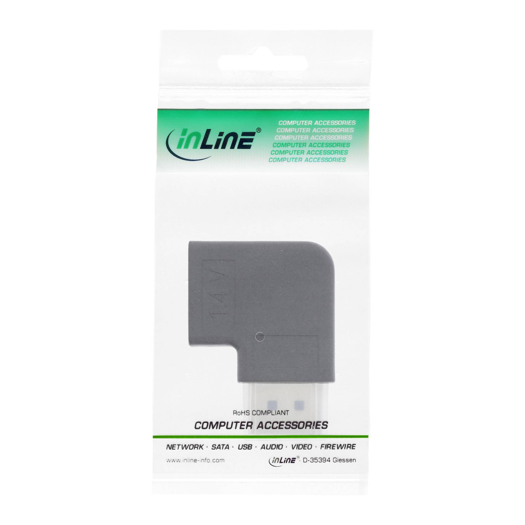 Verpackung für einen inLine-Computeradapter im rechten Winkel, dargestellt auf einer weißen Einzelhandelskarte mit grünem Branding und Produktfoto.