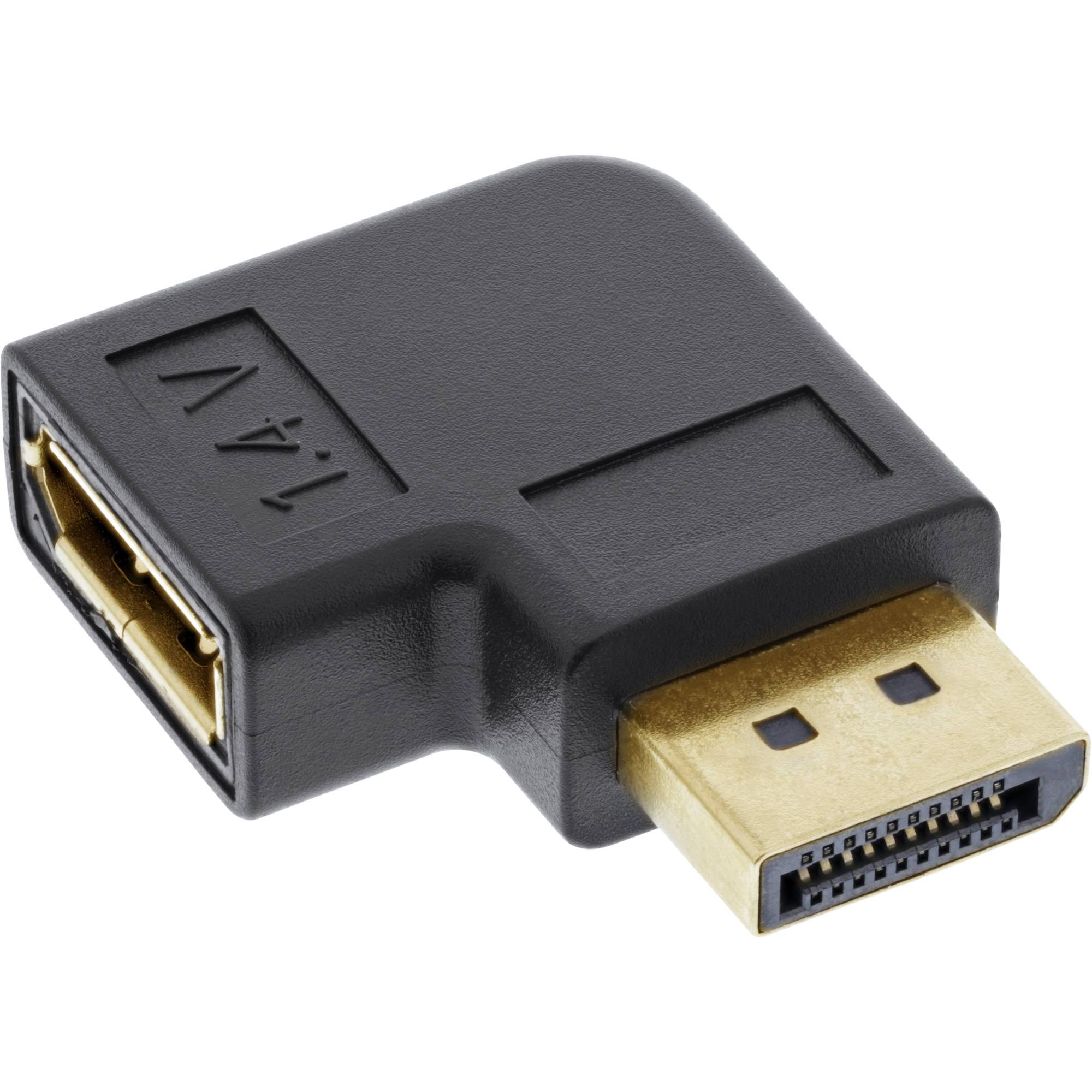 Rechtwinkliger HDMI-Adapter mit einem männlichen HDMI-Stecker und einer weiblichen HDMI-Buchse in einem schwarzen Kunststoffgehäuse.