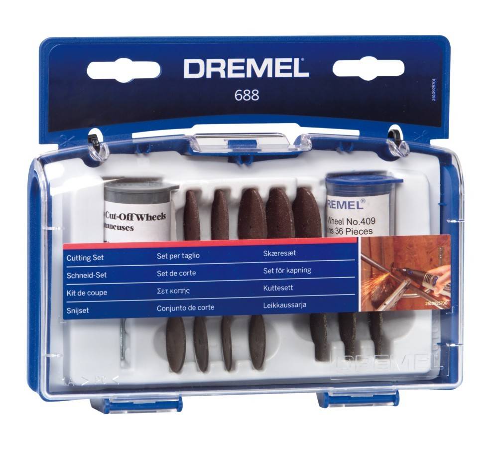 Dremel 688 Schneideset in einem blauen Kunststoffkoffer mit Trennscheiben und Zubehör, gekennzeichnet mit mehrsprachigen Produktinformationen.