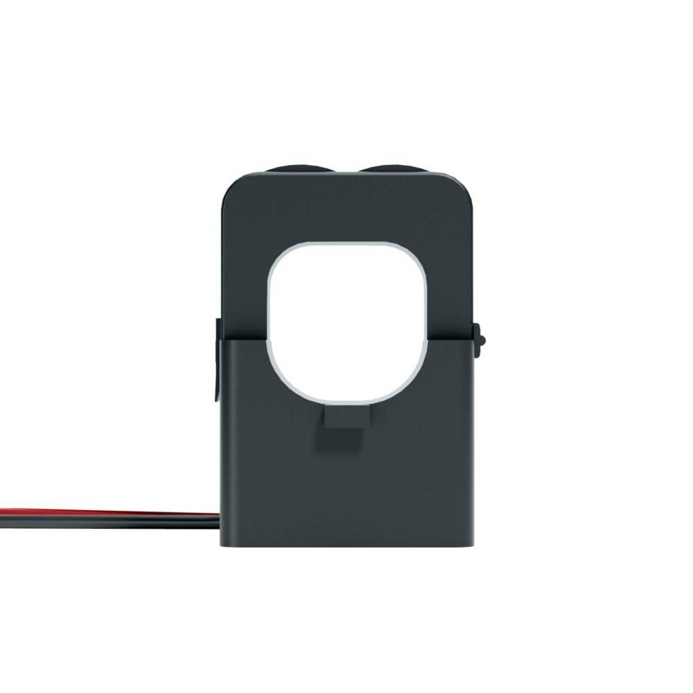 Eine schwarze rechteckige elektrische Komponente mit einer zentralen kreisförmigen Öffnung und angeschlossenen Kabeln an der linken Seite.