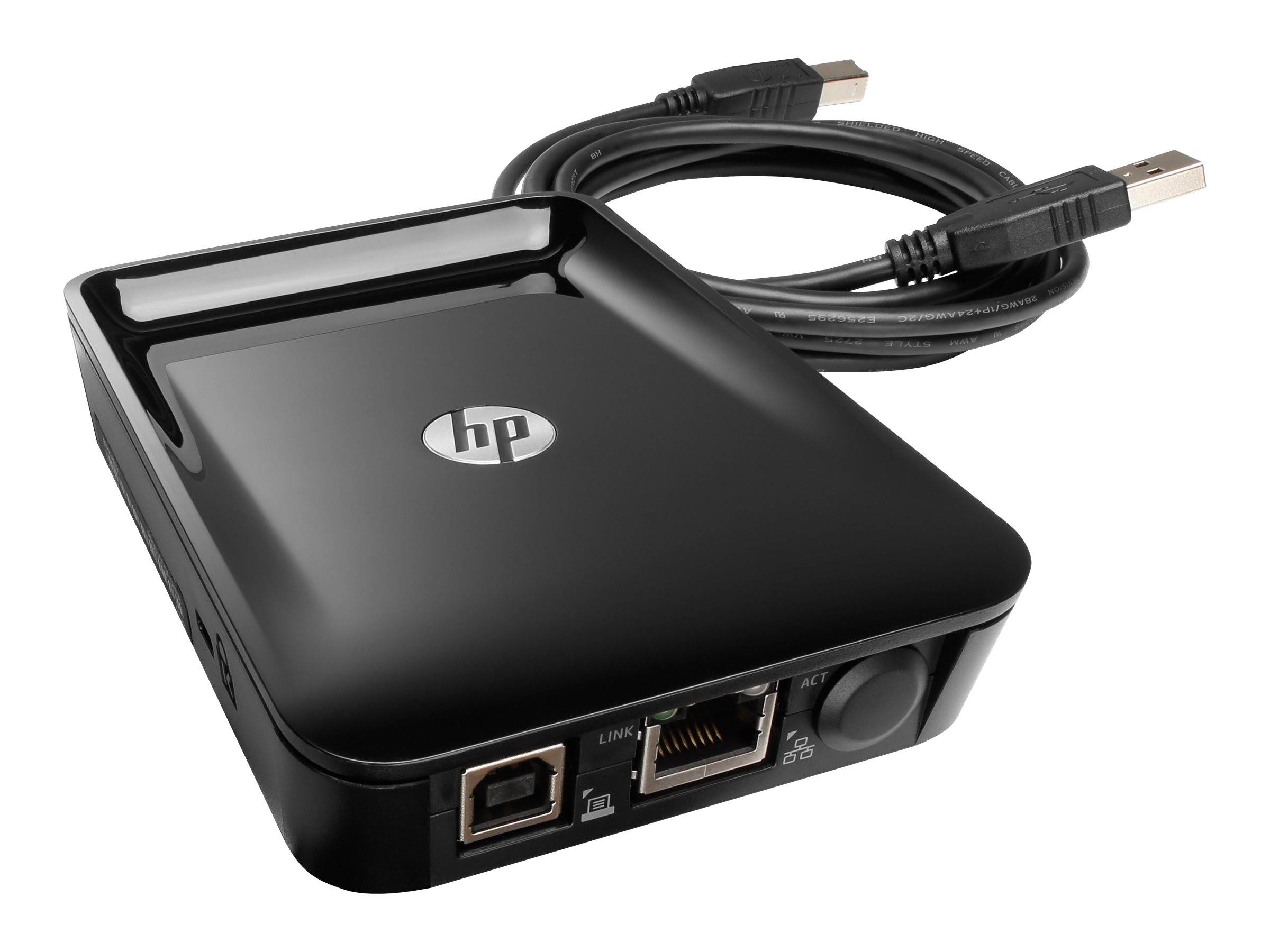 Schwarzes HP-Externes-Laufwerksgehäuse mit angebrachtem USB-Kabel, von vorne gezeigt mit sichtbaren Anschlüssen.
