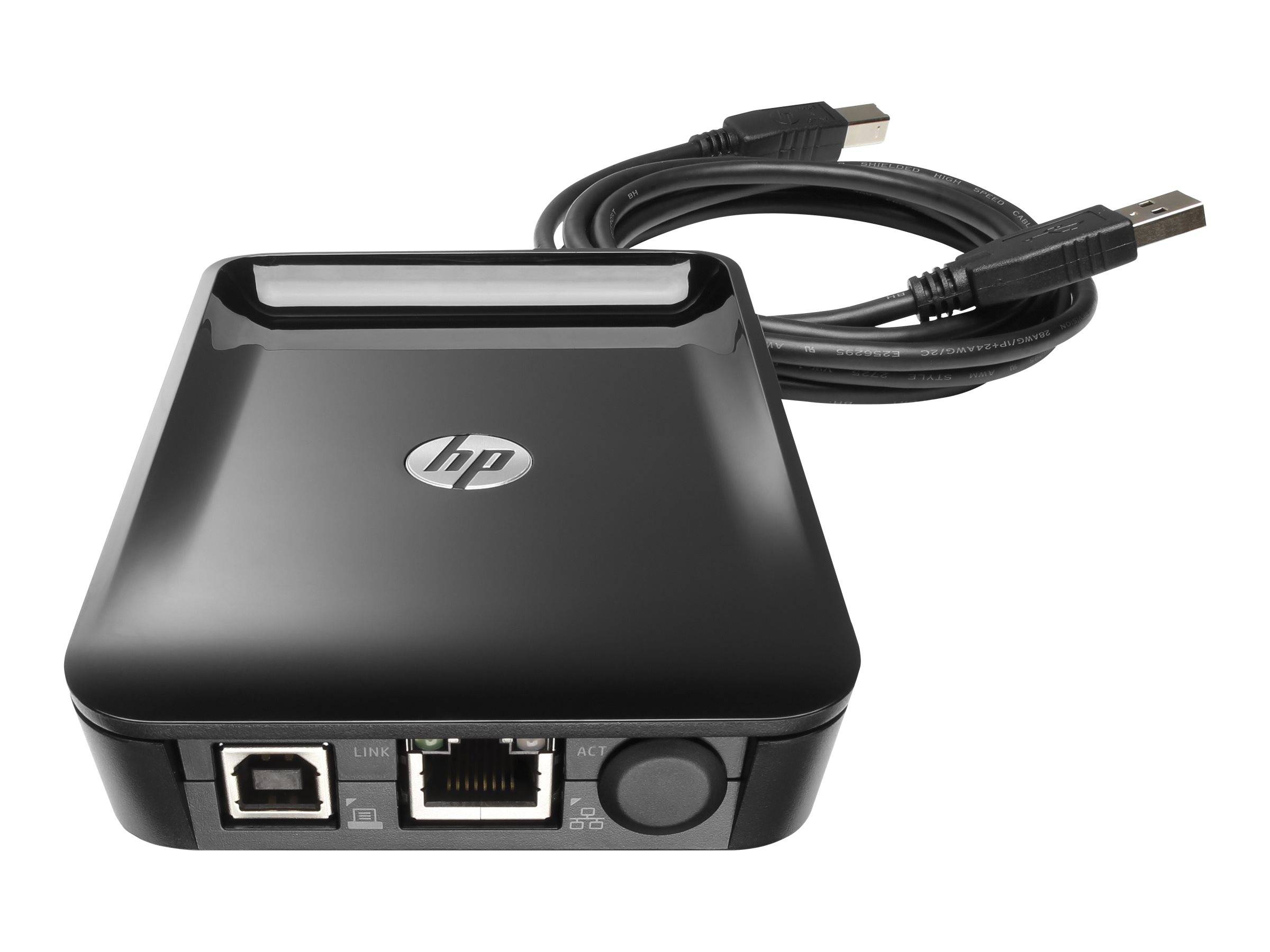 HP USB-Gerät mit angelegtem Kabel, Vorderansicht mit Anschlüssen und Statusleuchte.