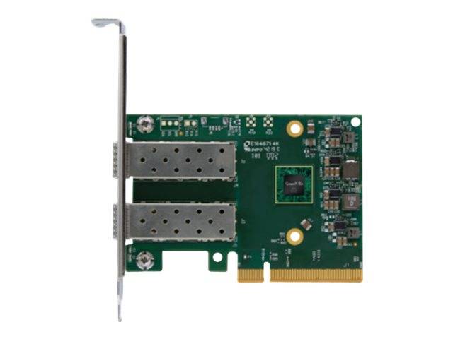 Netzwerkadapterkarte mit zwei PCIe-Anschlüssen, zwei SFP-Modulplätzen und Metallhalterung für Server- oder Desktop-Installation.
