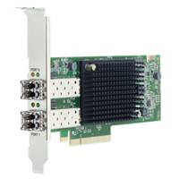 PCIe-Netzwerkadapterkarte mit einer Metallhalterung und zwei Glasfaseranschlüssen, dargestellt auf weißem Hintergrund.