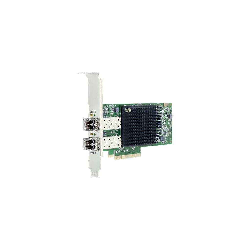 PCIe-Netzwerkadapterkarte mit zwei Faseroptik-Anschlüssen und einem großen schwarzen Kühlkörper auf einer grünen Leiterplatte.