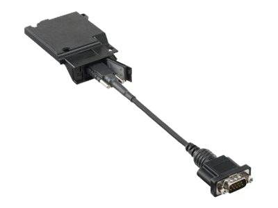 Schwarzes Adapterkabel, das einen rechteckigen Geräteconnector mit einem 9-poligen Seriellen Anschluss auf weißem Hintergrund verbindet.