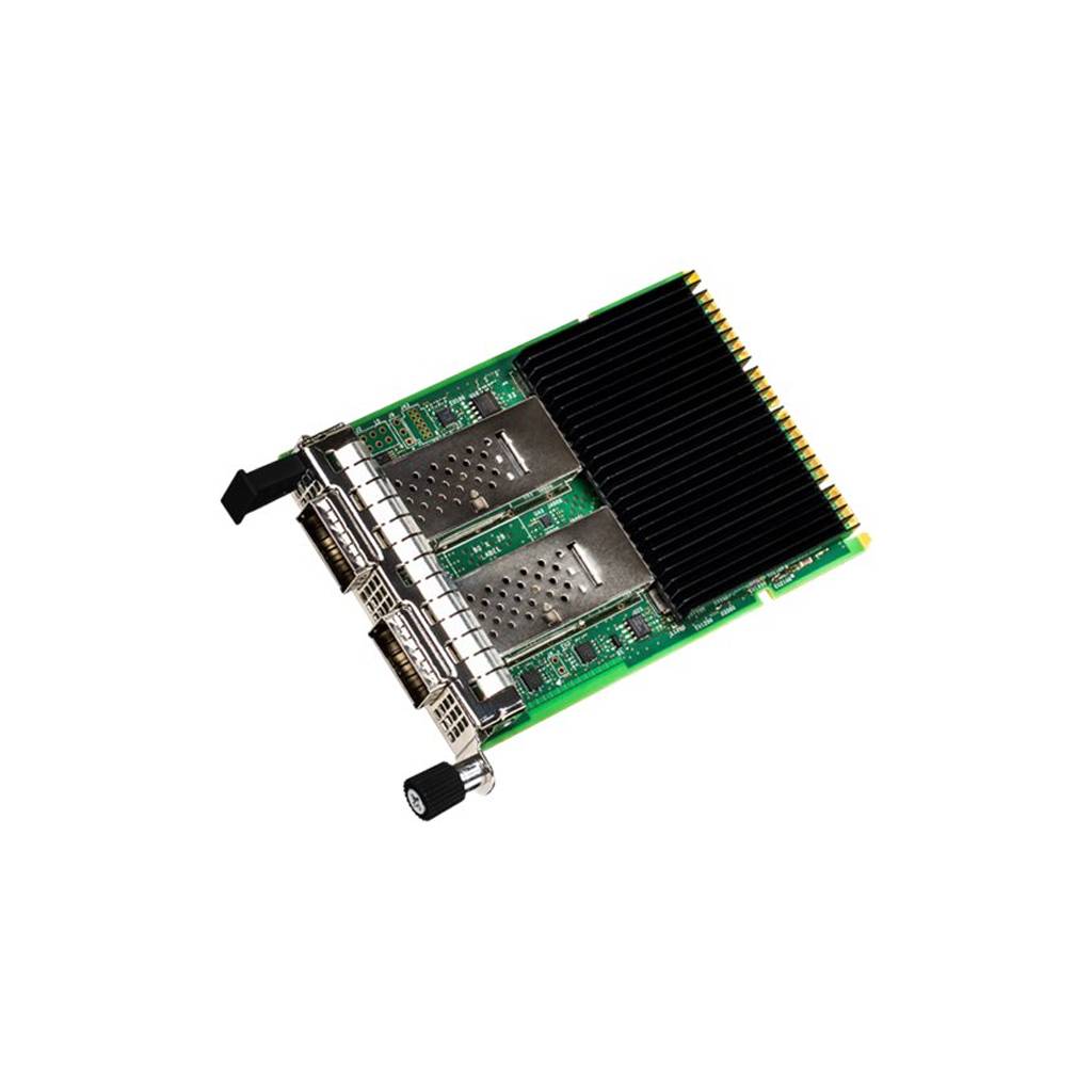 Computererweiterungskarte mit Kühlkörper, zwei externen Anschlüssen und PCIe-Kantenverbinder auf weißem Hintergrund.