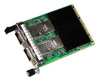 Nahaufnahme einer PCIe-Erweiterungskarte mit Metallanschlüssen und einem großen schwarzen Kühlkörper, wahrscheinlich ein Grafik- oder Netzwerkadapter.