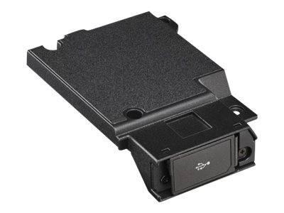 Schwarzes rechteckiges elektronisches Modul mit einem kleinen vorderen Druckknopf, isoliert auf weißem Hintergrund dargestellt.