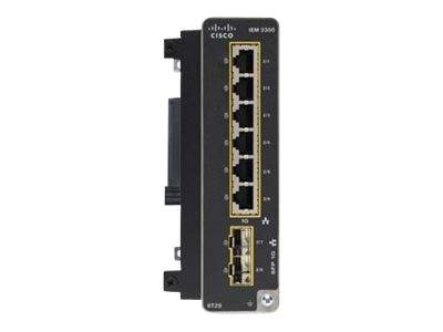 Cisco Industrial Ethernet 3300 Schaltermodul mit sechs RJ-45-Anschlüssen und zwei unteren Ethernet-/Seriellen Anschlüssen, Vorderansicht auf weißem Hintergrund.