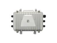 Ein graues tragbares elektronisches Netzwerkgerät mit mehreren seitlichen Kabelanschlüssen und einer zentralen Abdeckung, dargestellt auf weißem Hintergrund.