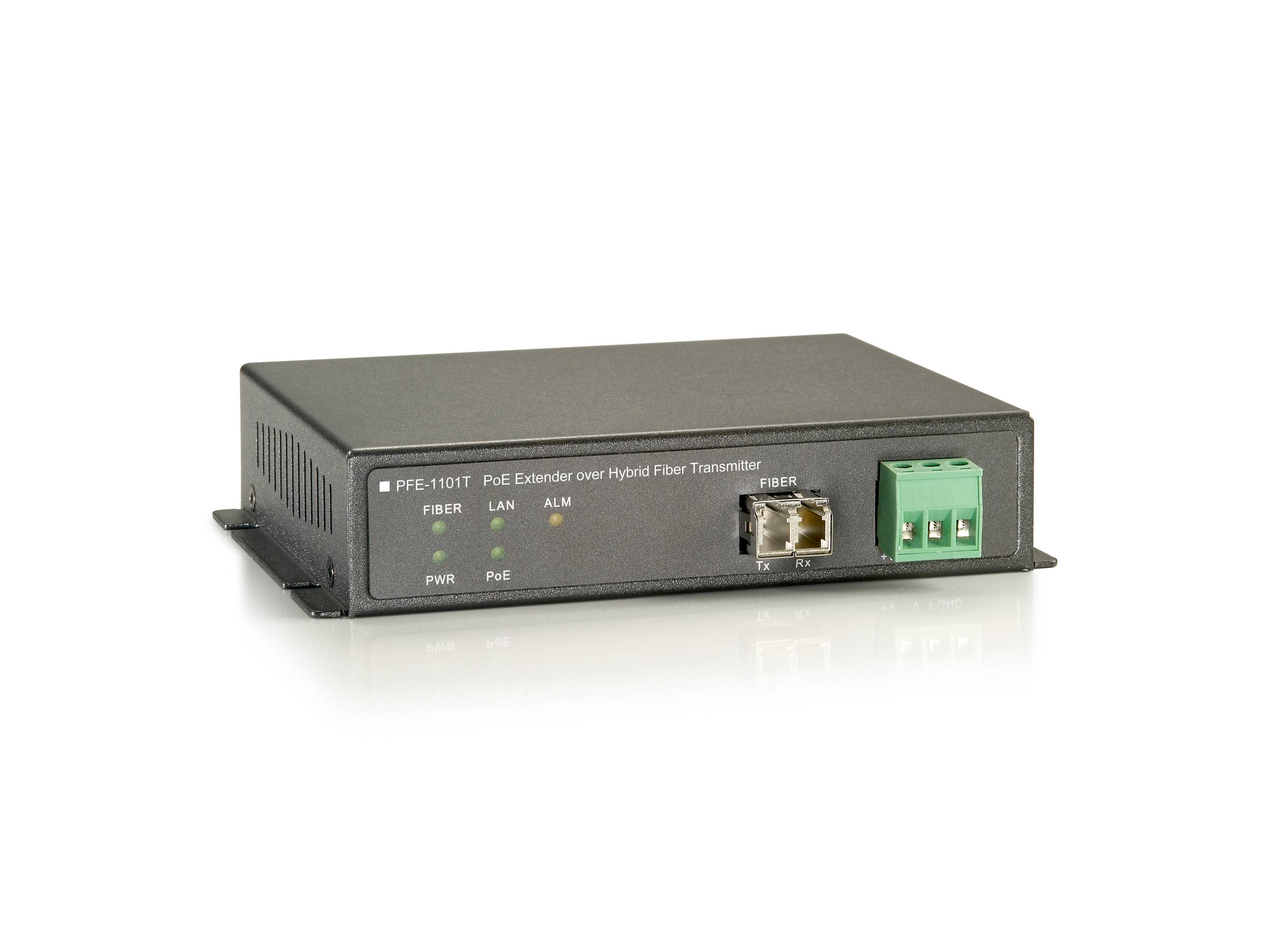 Black PoE Ethernet over Fiber Extender Box mit vorderem Faserport, RJ45 LAN Port und Stromklemmen auf weißem Hintergrund
