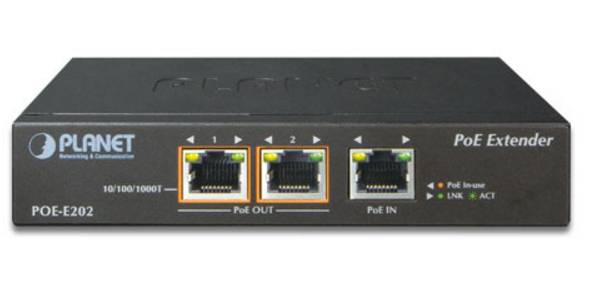 Vorderansicht eines PLANET POE-E202 PoE-Verlängerers mit zwei PoE-out-Ethernetanschlüssen und einem PoE-in-Anschluss auf einem schwarzen Gerät.