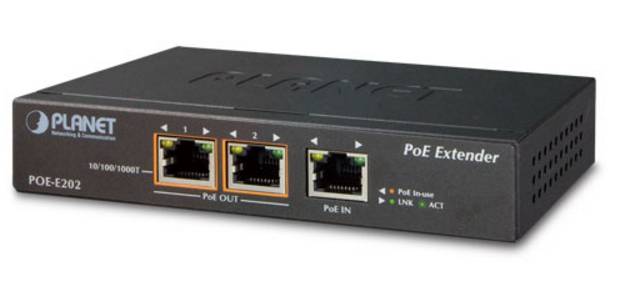 Schwarze PoE-Verlängerungsbox mit der Bezeichnung „PLANET POE-E202