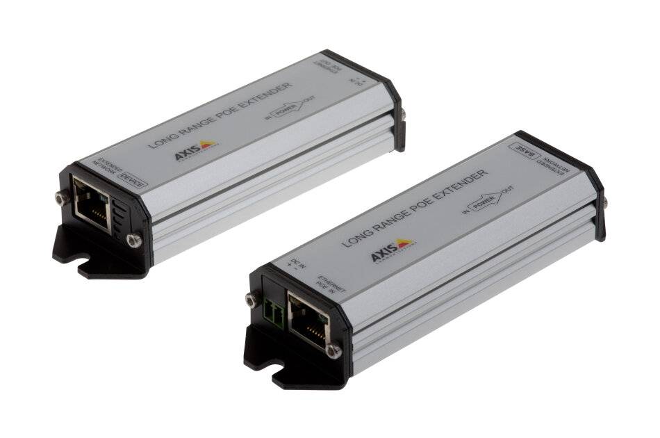 Zwei silberne Axis Langstrecken-PoE-Extender auf weißem Hintergrund, einer angewinkelt von vorne links und einer von vorne rechts, mit sichtbaren Ethernet-Anschlüssen.