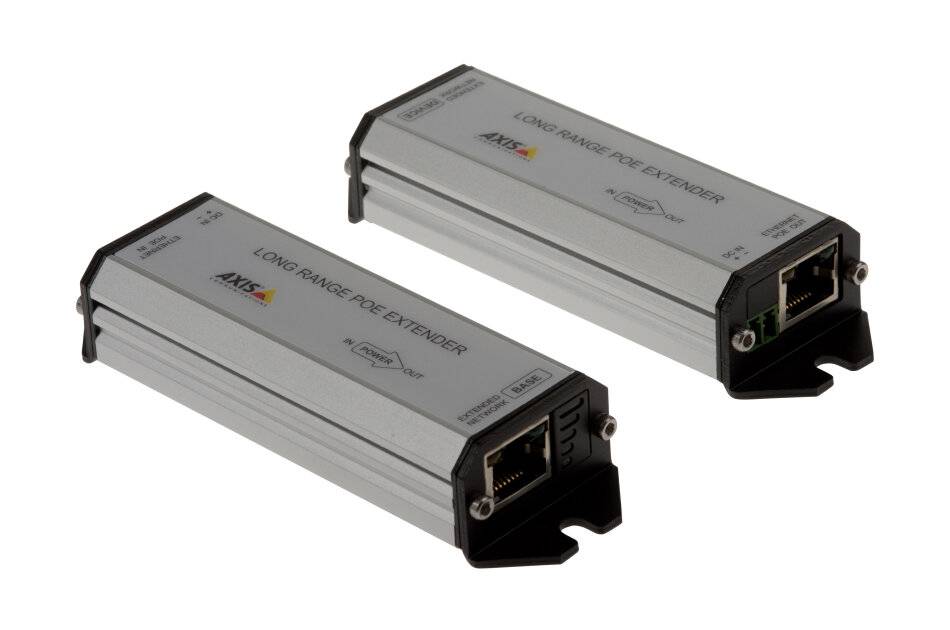 Zwei silberne Axis-Videoweitreichweitenverstärker vor weißem Hintergrund, einer mit der Bezeichnung „Long Range POE Extender" und der andere „Long Range POE Extender"".