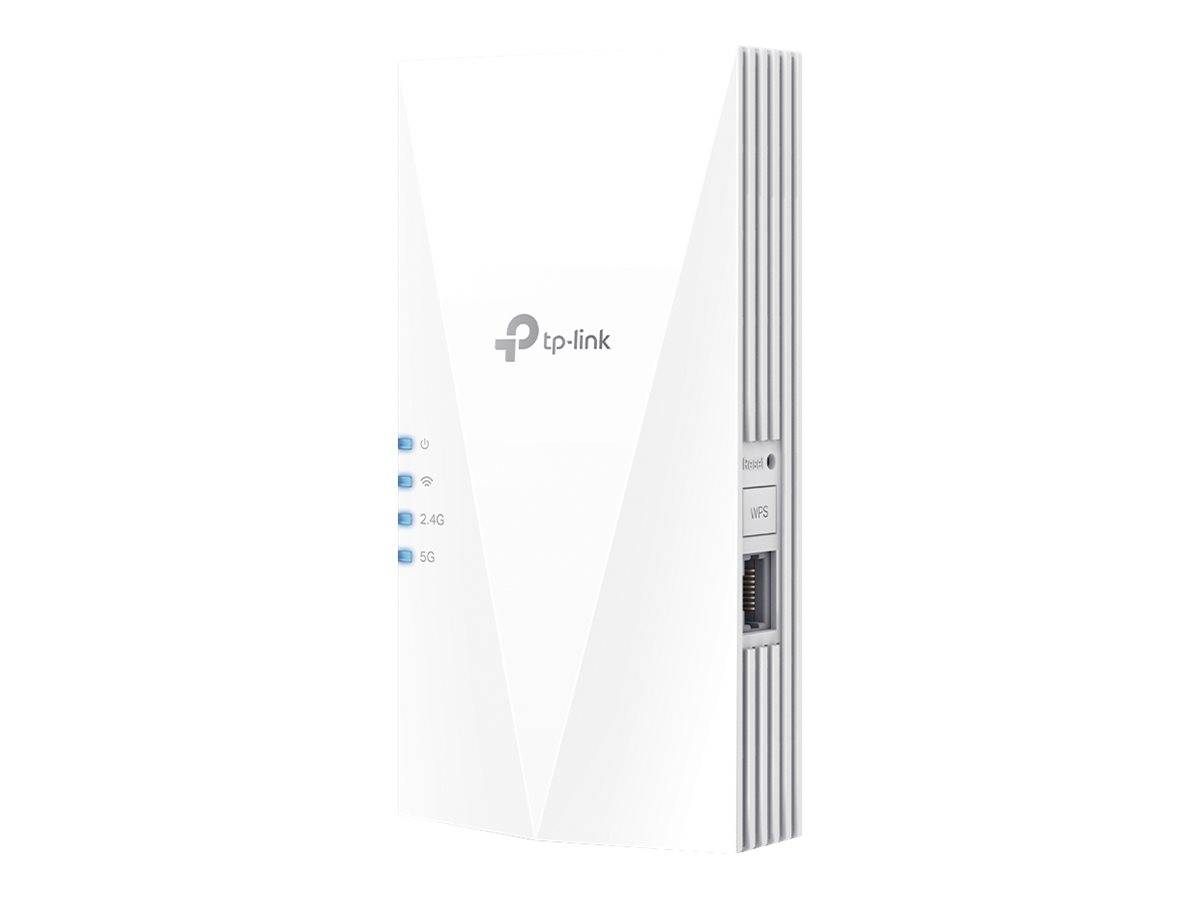 Weißer TP-Link Wi-Fi-Router/Modem mit integrierten Antennen, Vorderansicht mit Statusleuchten und Ethernet-Anschluss auf sauberer weißer Hintergrund.
