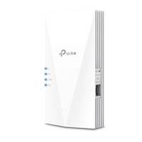 Weißes TP-Link Netzwerkgerät mit vier blauen Status-LEDs auf der Vorderseite und belüftetem Seitenpanel, shown on a plain background.