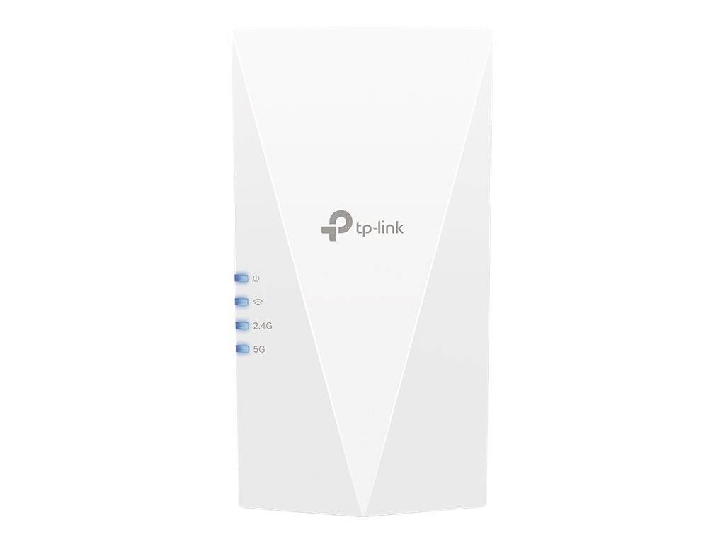 Weißer TP-Link Wi-Fi-Reichweitenverstärker mit vorderen Statusleuchten, die mit Power, 2,4G und 5G beschriftet sind.