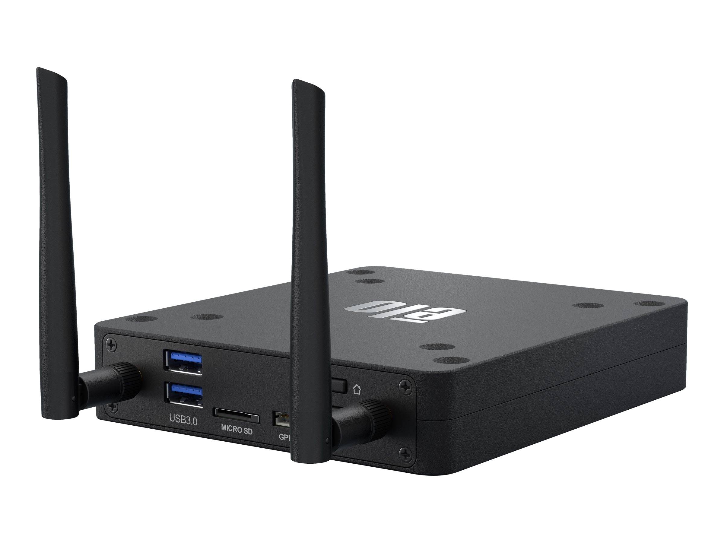 Schwarzer Mini-Desktop-PC mit zwei hohen Antennen, vorderen USB-Anschlüssen und Speicherkartenschacht auf weißem Hintergrund