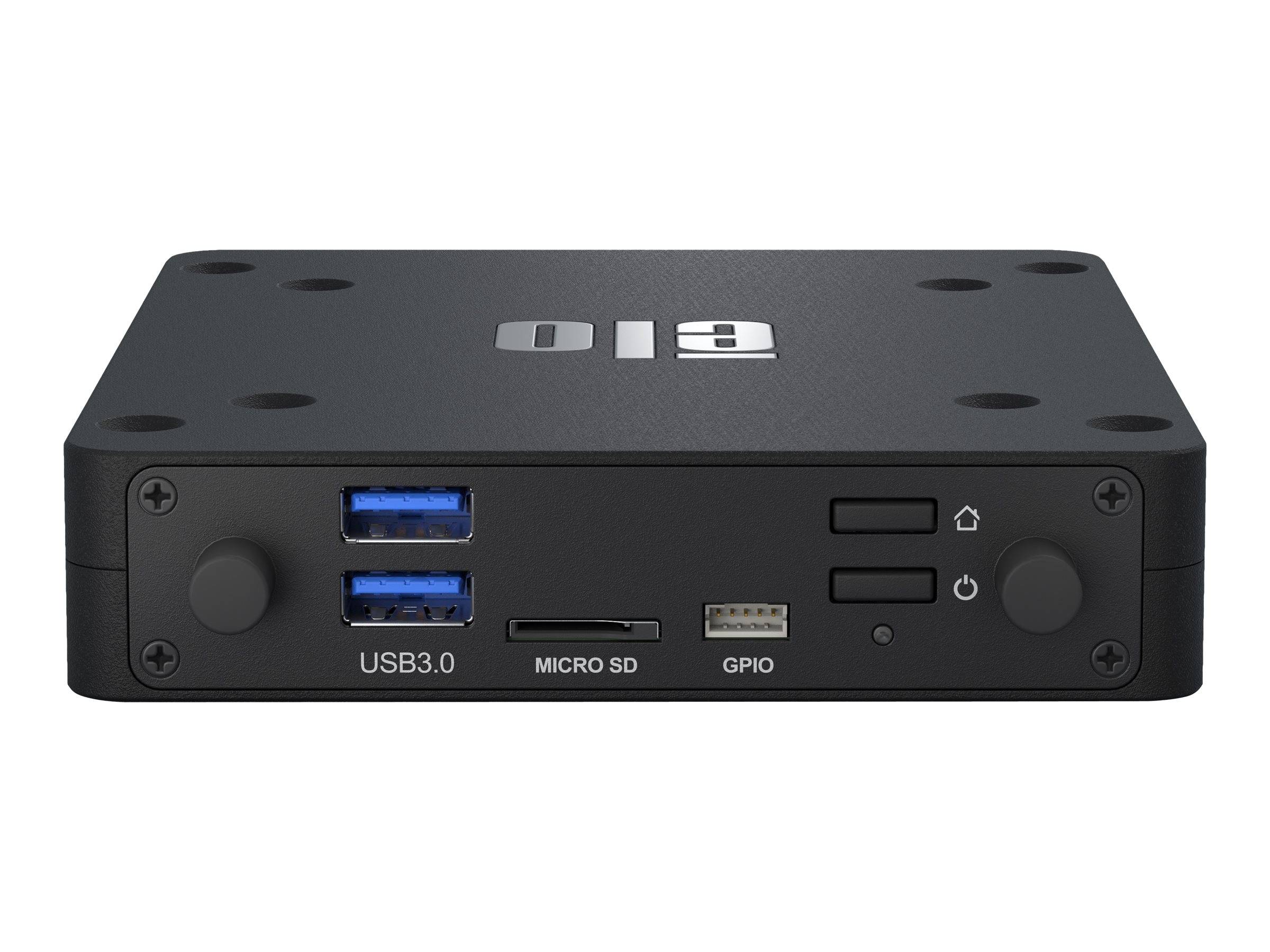 Vorderansicht eines kleinen schwarzen Mini-Computers mit zwei USB-3.0-Anschlüssen, Micro-SD-Kartensteckplatz, GPIO-Anschluss und Ein-/Home-Tasten.