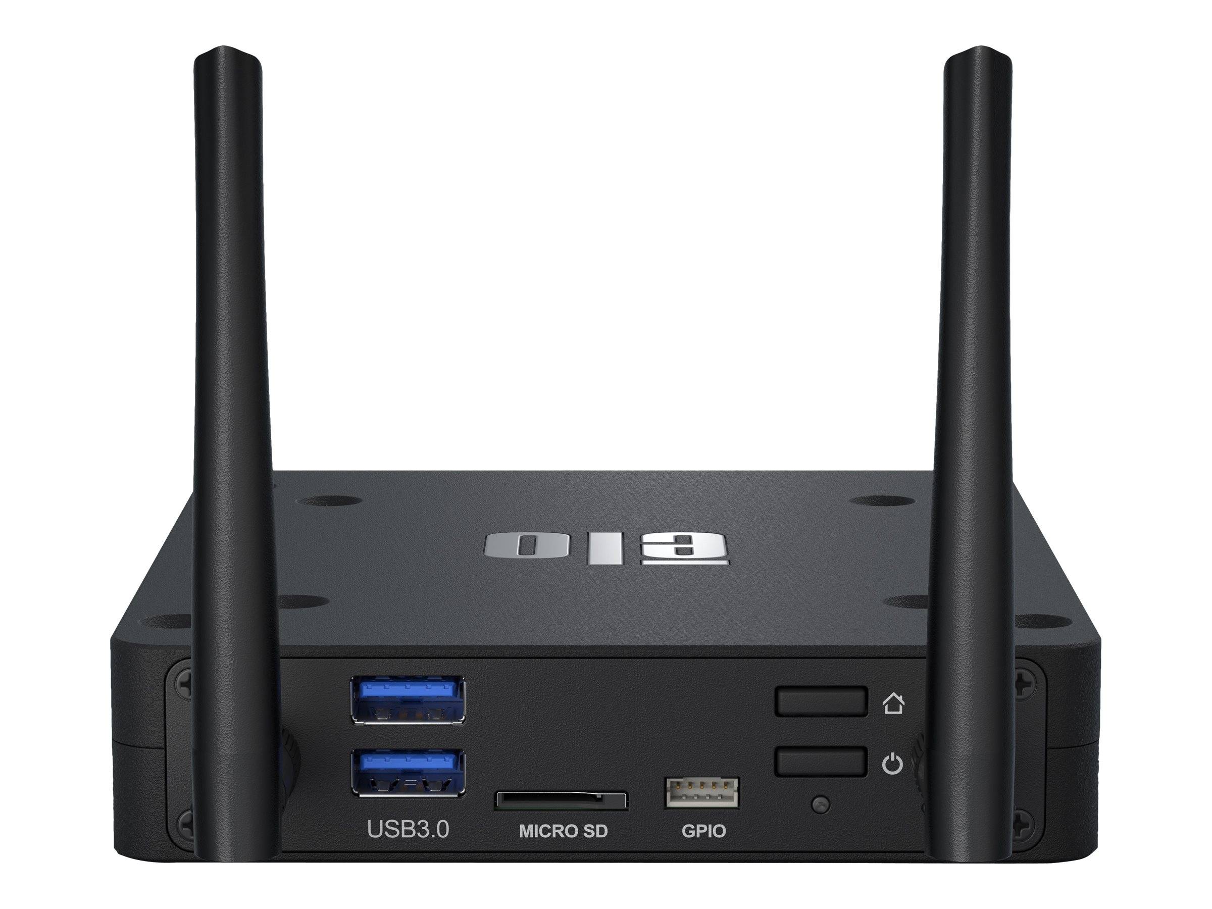 Schwarzer Mini-PC mit zwei Wi-Fi-Antennen, USB-3.0-Anschlüssen an der Vorderseite, Micro-SD-Kartenschacht und GPIO-Header.