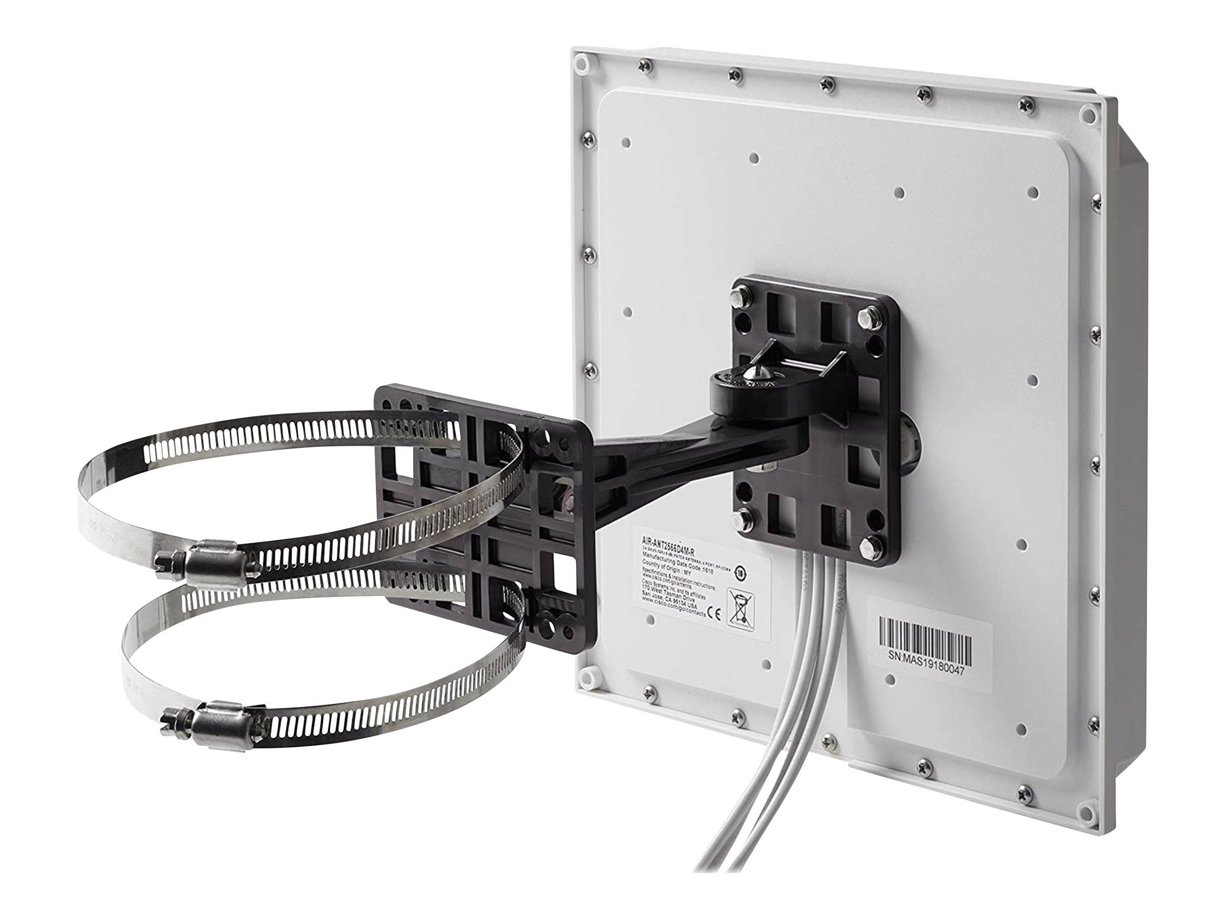 Rückseite eines an der Wand montierten Flachbildschirms mit einer schwarzen Montageklammer und zwei Metallkabelschellen, die Kabel sichern.
