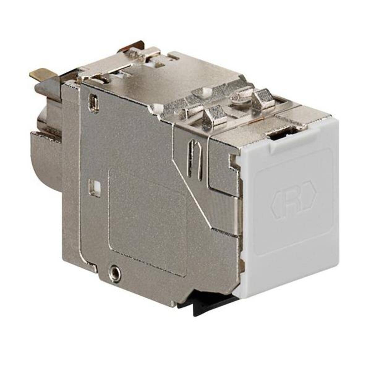 Ein Metall-RJ45-Keystone-Anschluss mit weißer Front, verwendet zum Anschluss von Netzwerkkabeln.