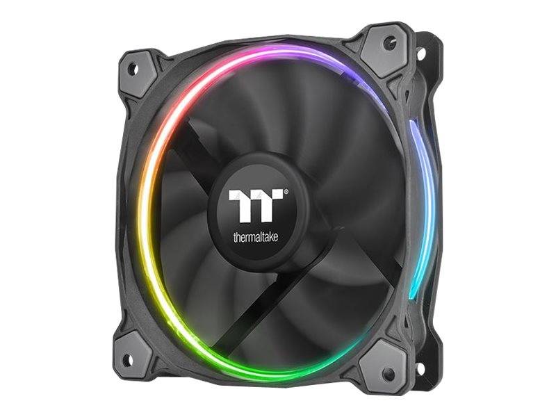 Thermaltake-PC-Kühlüfter mit RGB-Leuchtring und schwarzen Flügeln, von vorne auf weißem Hintergrund gezeigt.