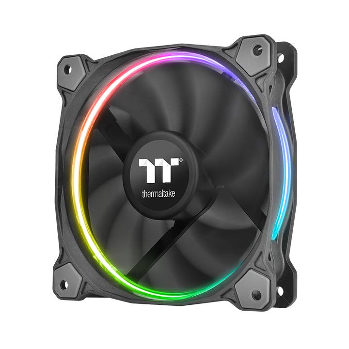 Thermaltake RGB-Gehäuselüfter mit schwarzen Blättern und einem kreisförmigen mehrfarbigen LED-Ring auf weißem Hintergrund.