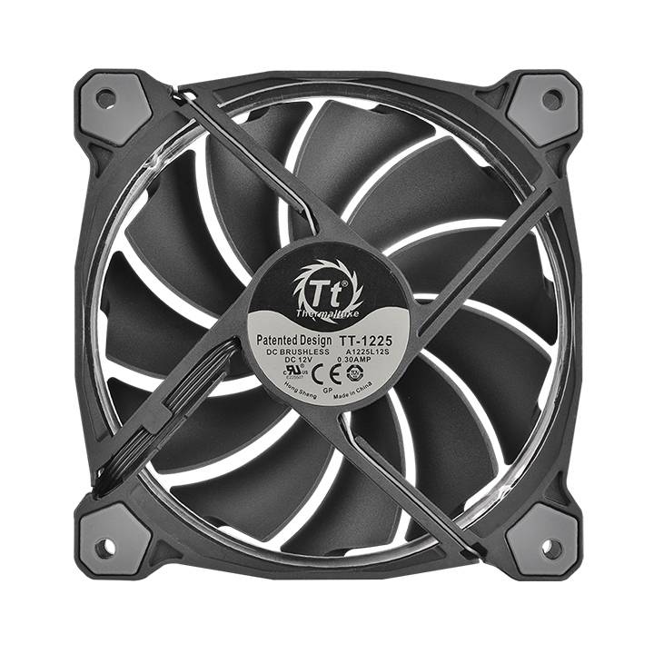 Schwarzer bürstenloser Thermaltake TT-1225 DC-Gehäuselüfter mit vier Befestigungslöchern in den Ecken und sichtbarem Mittelettikett.
