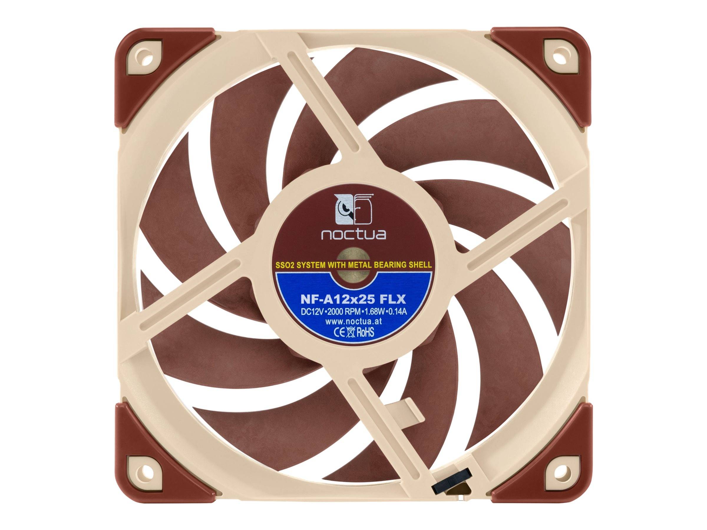 Produktfoto eines beigefarbenen Noctua NF-A12x25 FLX Computer-Kühlventilators mit braunen Ecken und Blättern, von vorne gezeigt mit sichtbarem Etikett.