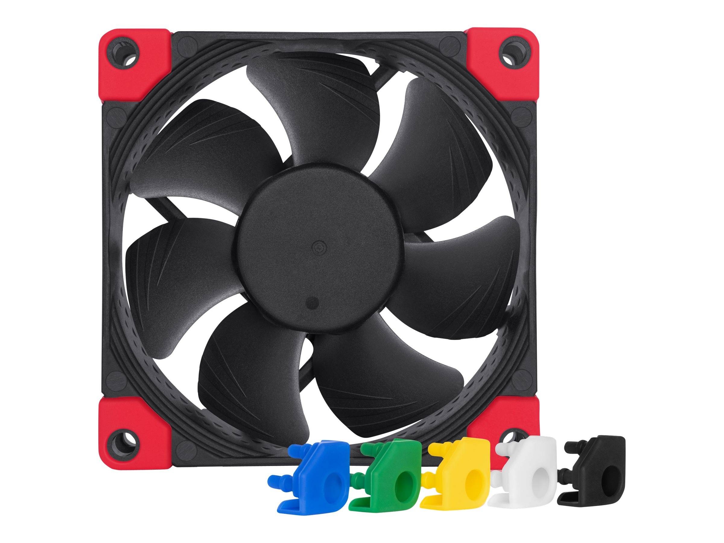Kühlventilator für Computer mit schwarzen Blättern in einem rot-schwarzen quadratischen Rahmen, gezeigt mit fünf farbigen Befestigungsclips unten.