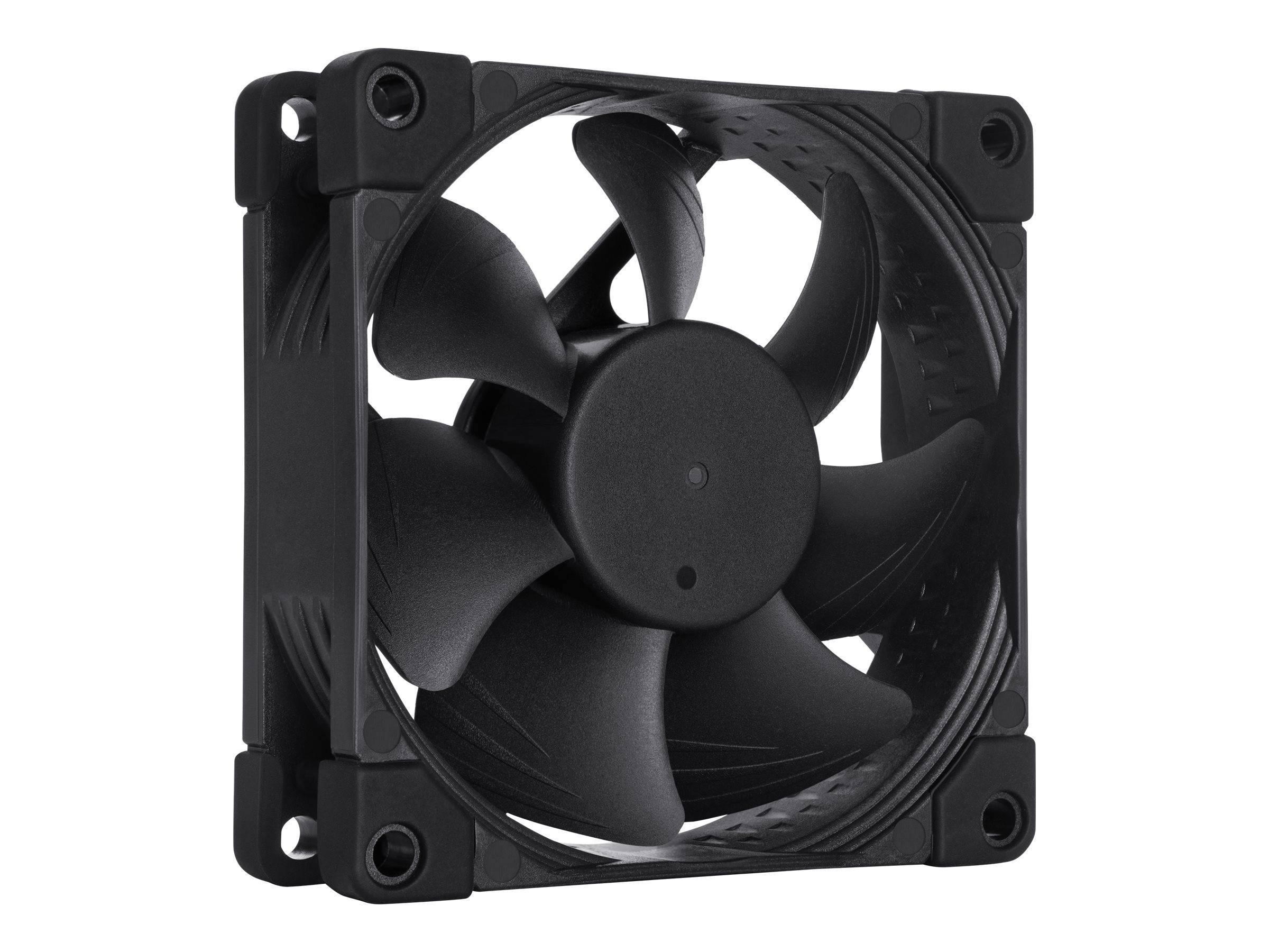Schwarzer Computer-Kühlventilator auf weißem Hintergrund, frontal dargestellt mit sechs Blättern und quadratischem Montagrahmen.