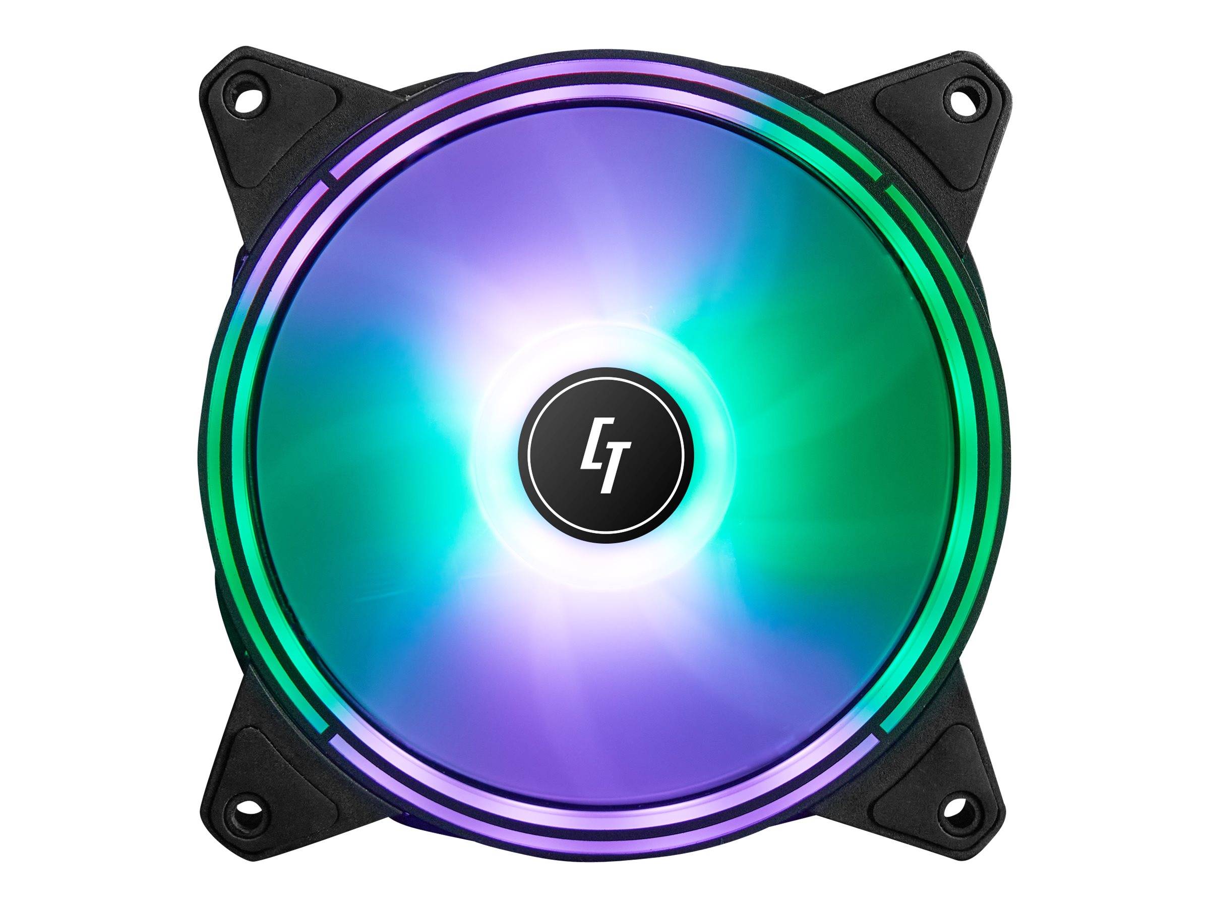 RGB-Computerlüfter mit beleuchteten kreisförmigen Blättern und vier Befestigungslöchern in den Ecken, dargestellt auf weißem Hintergrund.