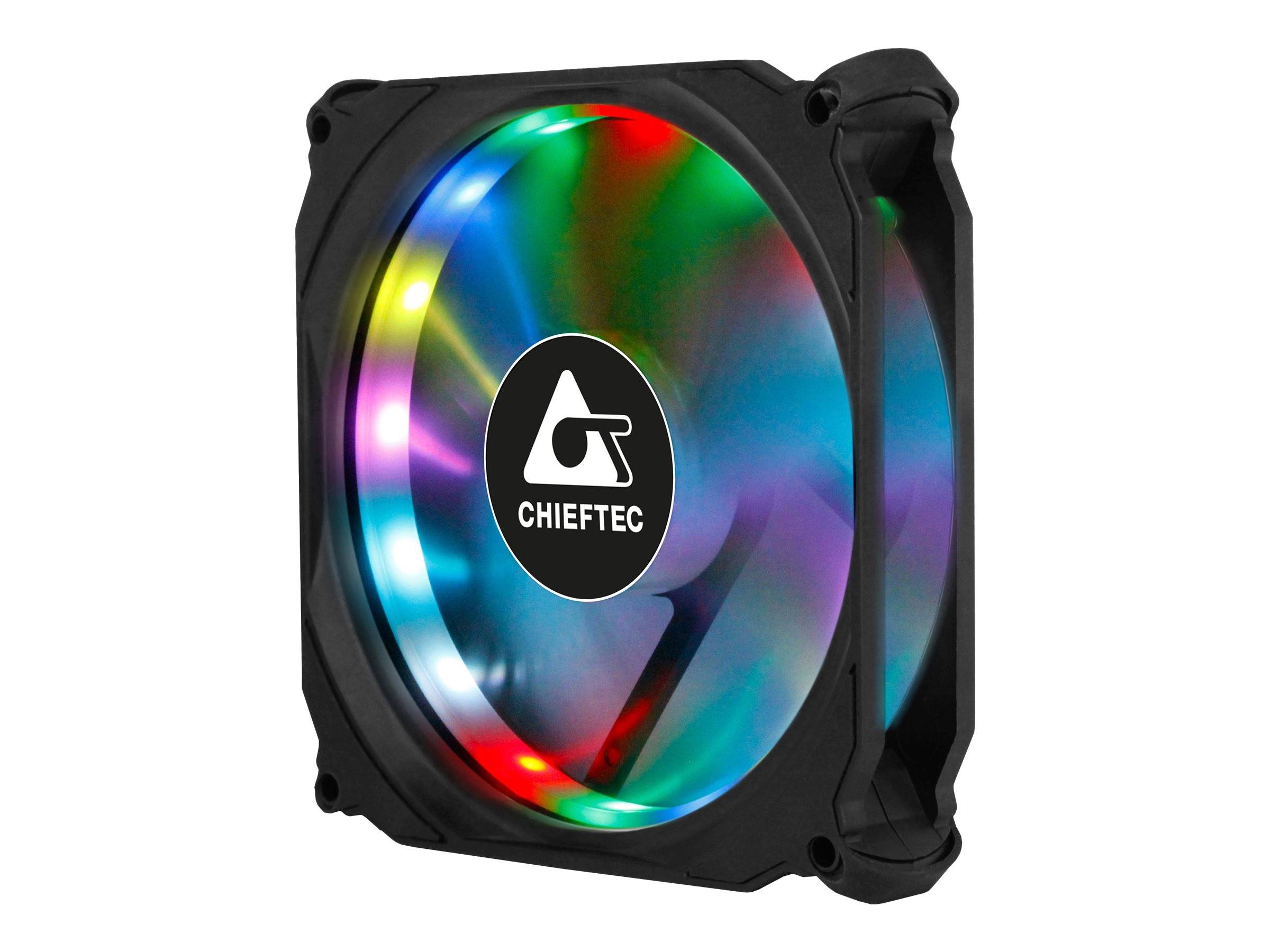 Ein schwarzer Chieftec-Computerkühllüfter mit transluzenten RGB-beleuchteten Blättern und zentralem CHIEFTEC-Logo.