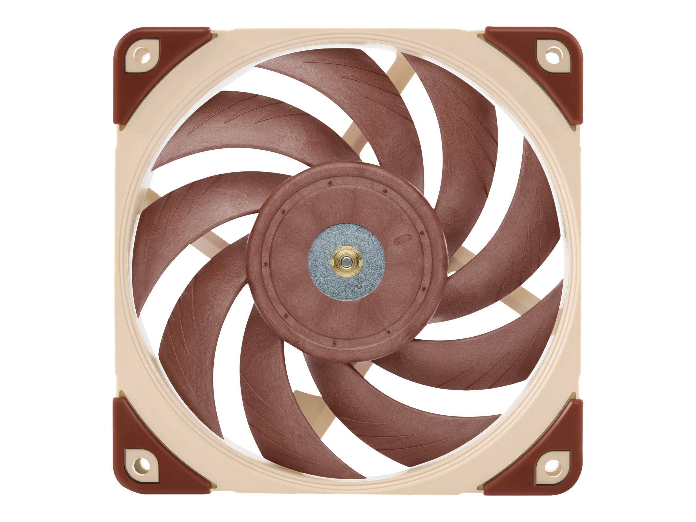 Quadratischer Computer-Kühlventilator mit sieben braunen Blättern, beigem Rahmen und Befestigungslöchern an jeder Ecke, Vorderansicht auf weißem Hintergrund dargestellt.