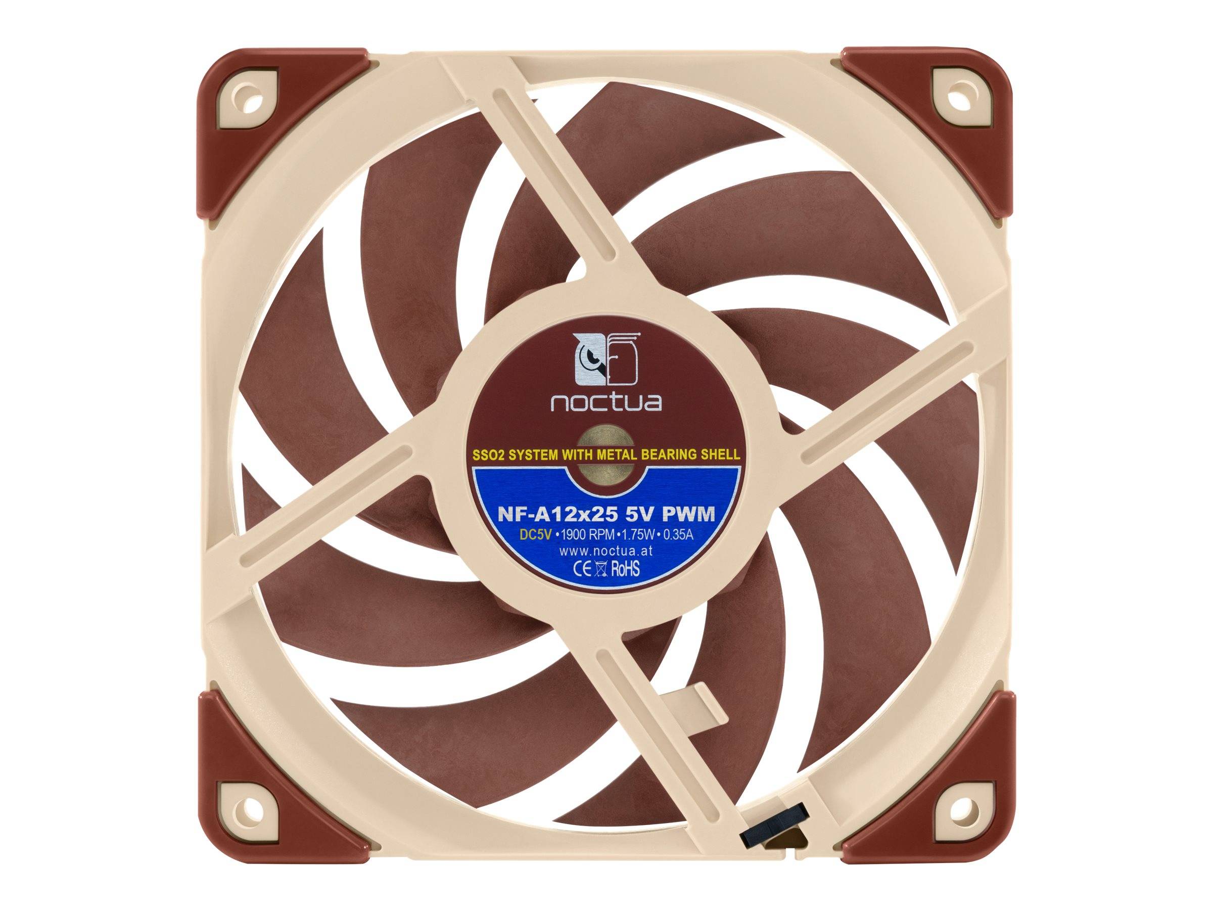 Computerlüfter mit beigem Rahmen und braunen Blättern, gekennzeichnet als Noctua NF-A12x25 5V PWM.