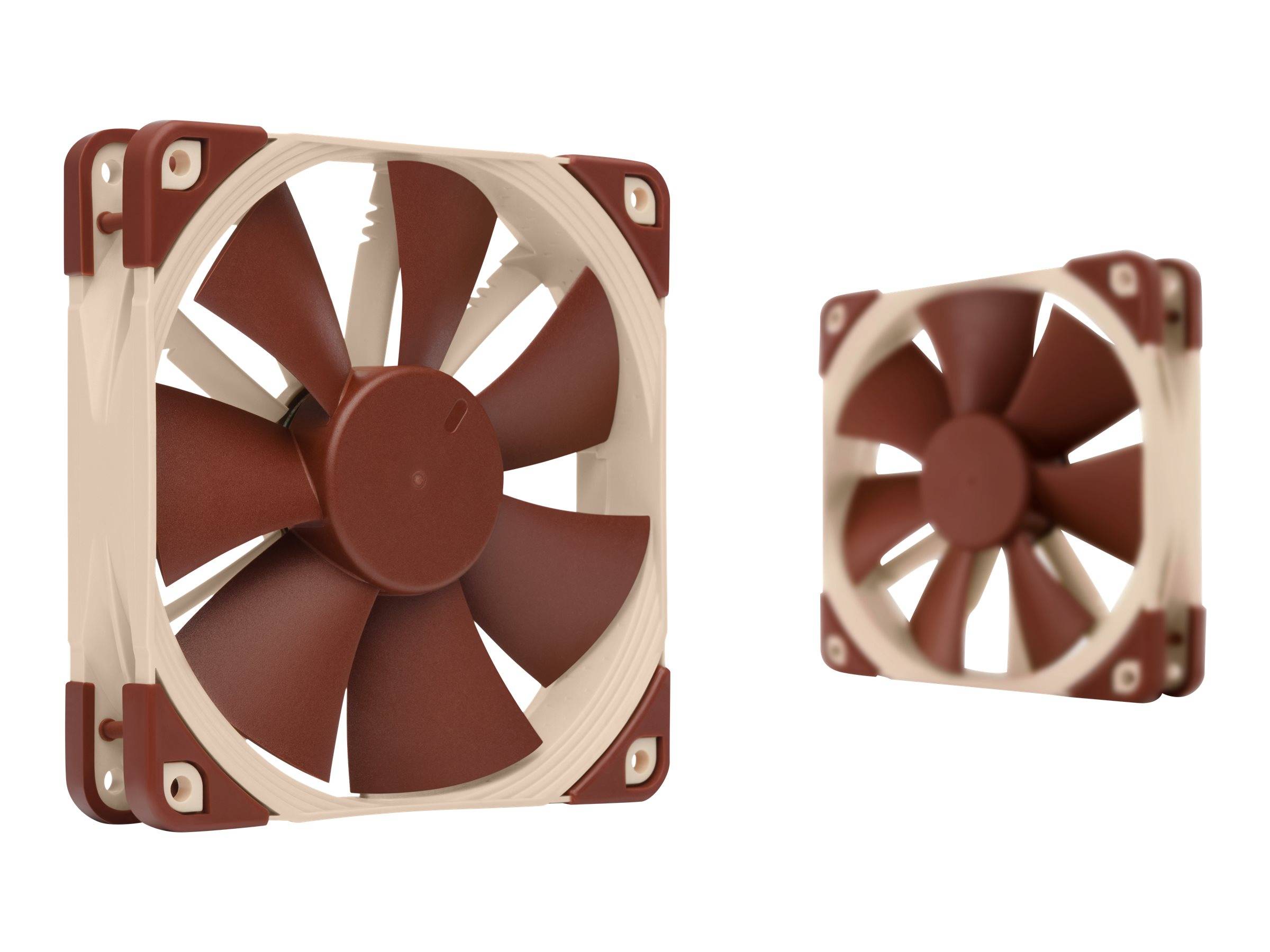 Zwei Computer-Kühlventilatoren auf weißem Hintergrund, einer groß und einer klein, beide beige und braun.