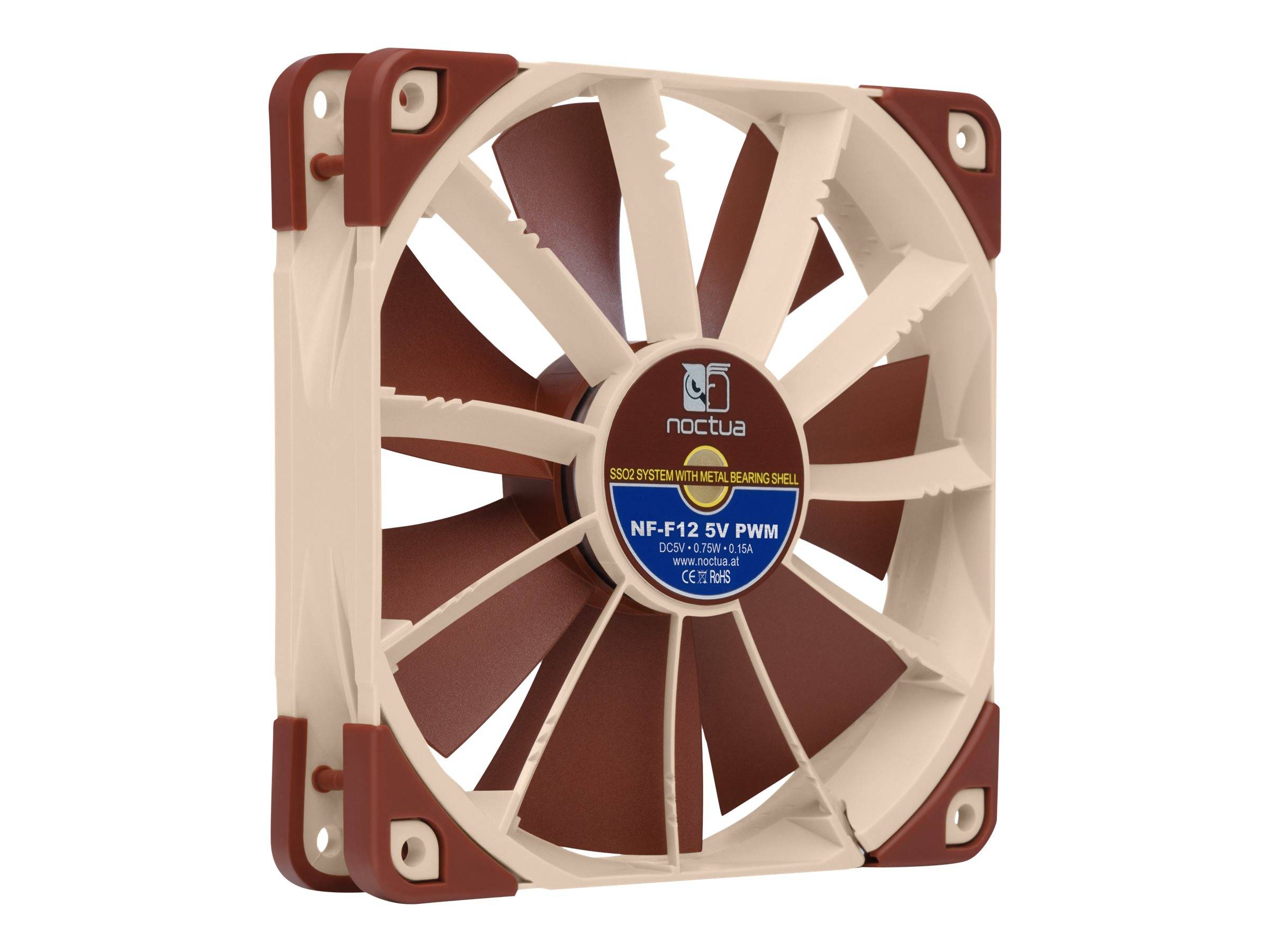 Ein quadratischer Noctua-Computerlüfter mit beigen Flügeln und braunem Rahmen, Frontansicht auf weißem Hintergrund.