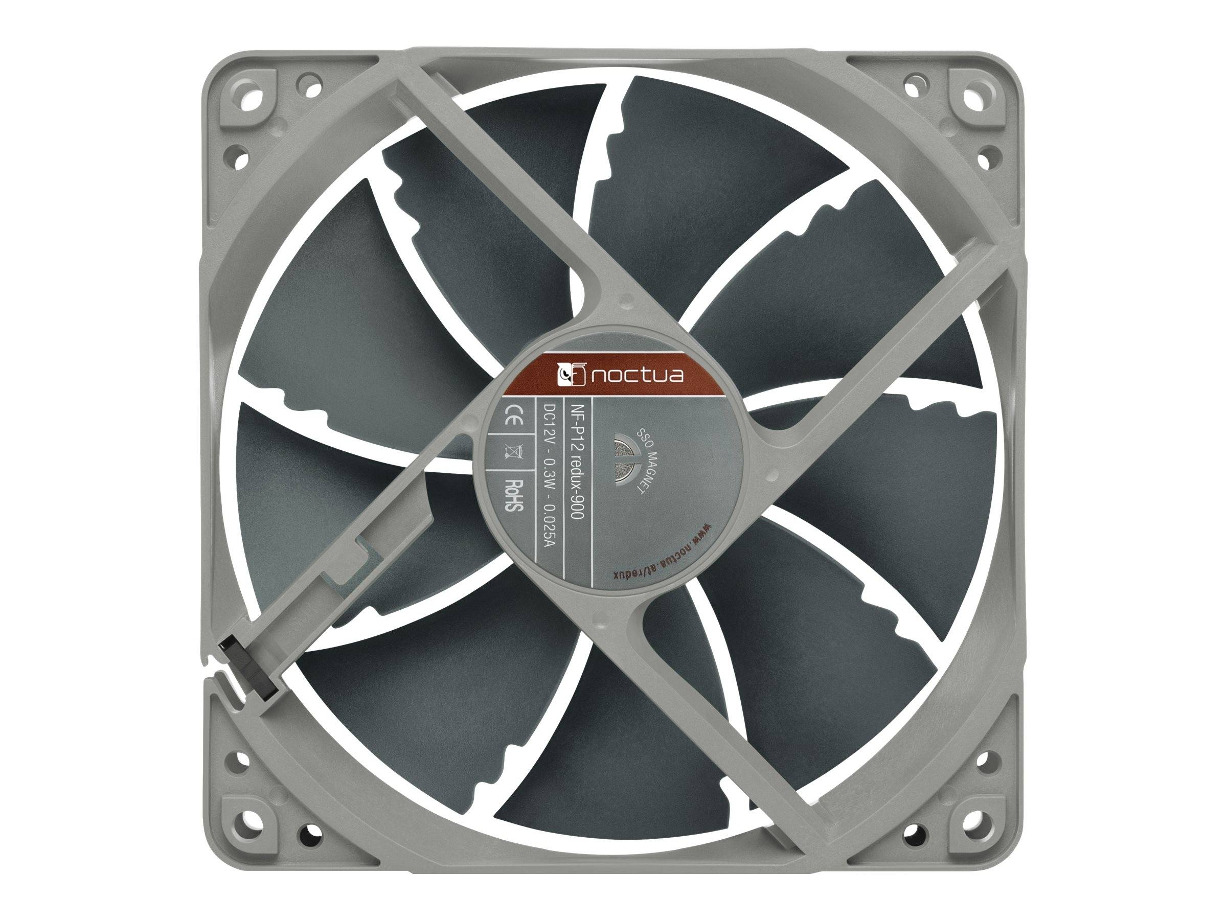Nahaufnahme eines grauen Noctua-Computerlüfters mit sieben dunklen Blättern und quadratischem Montagering.