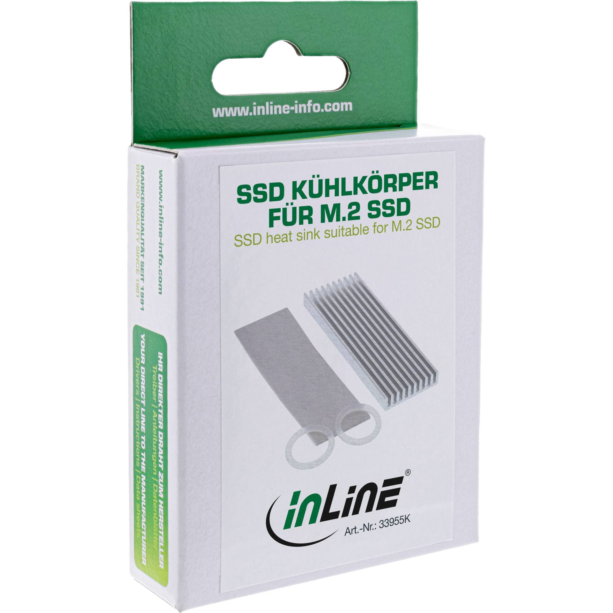 Einzelhandelsverpackung für einen inLine SSD-Kühlkörper für M.2 SSDs, mit der Aufschrift 