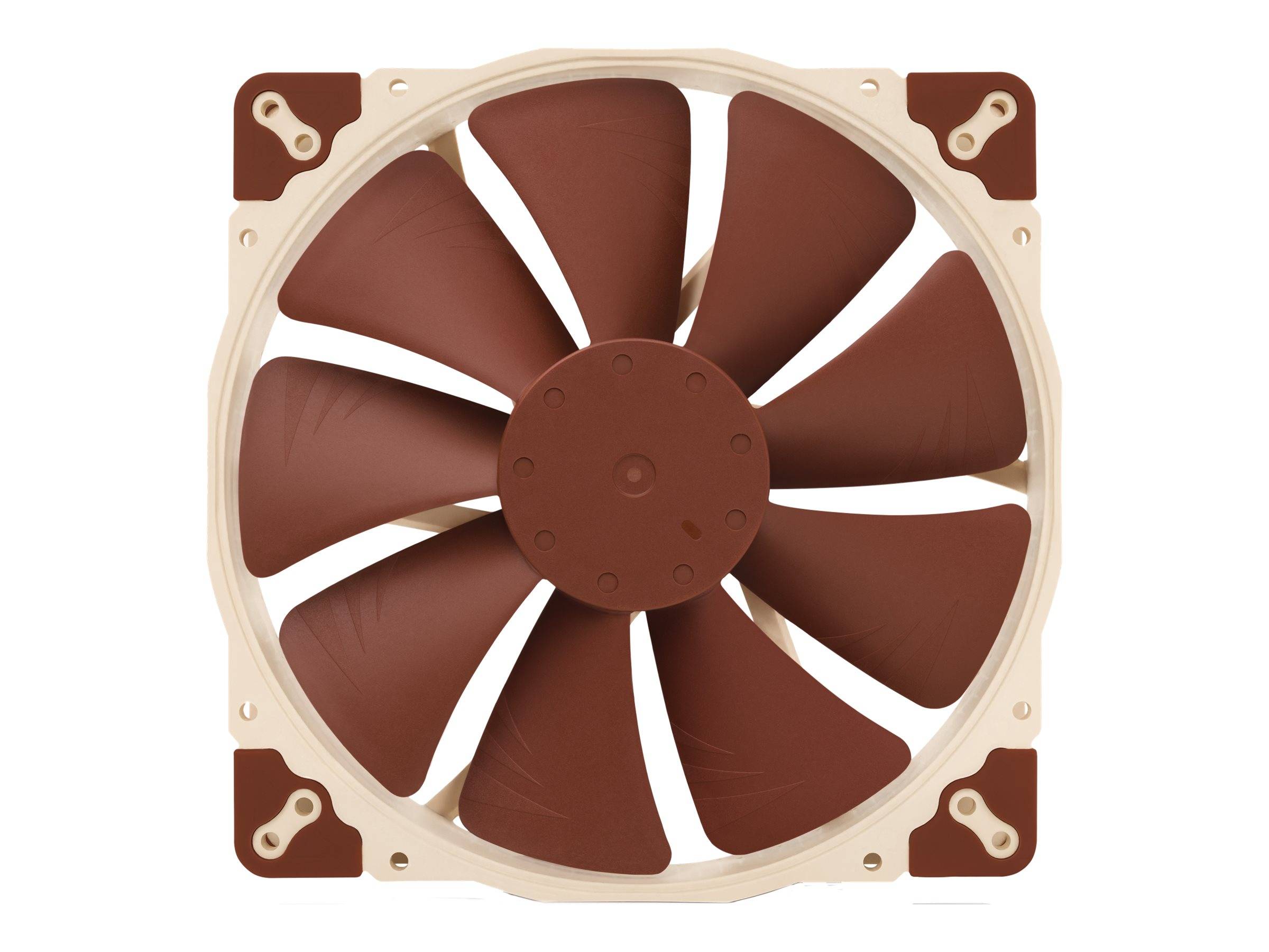 Draufsicht eines quadratischen braun-creme-farbenen Computerlüfters mit neun Blättern und Befestigungsecken.
